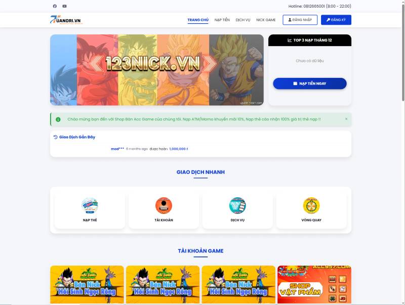 HỆ THỐNG BÁN TÀI KHOẢN GAME NGỌC RỒNG ONLINE